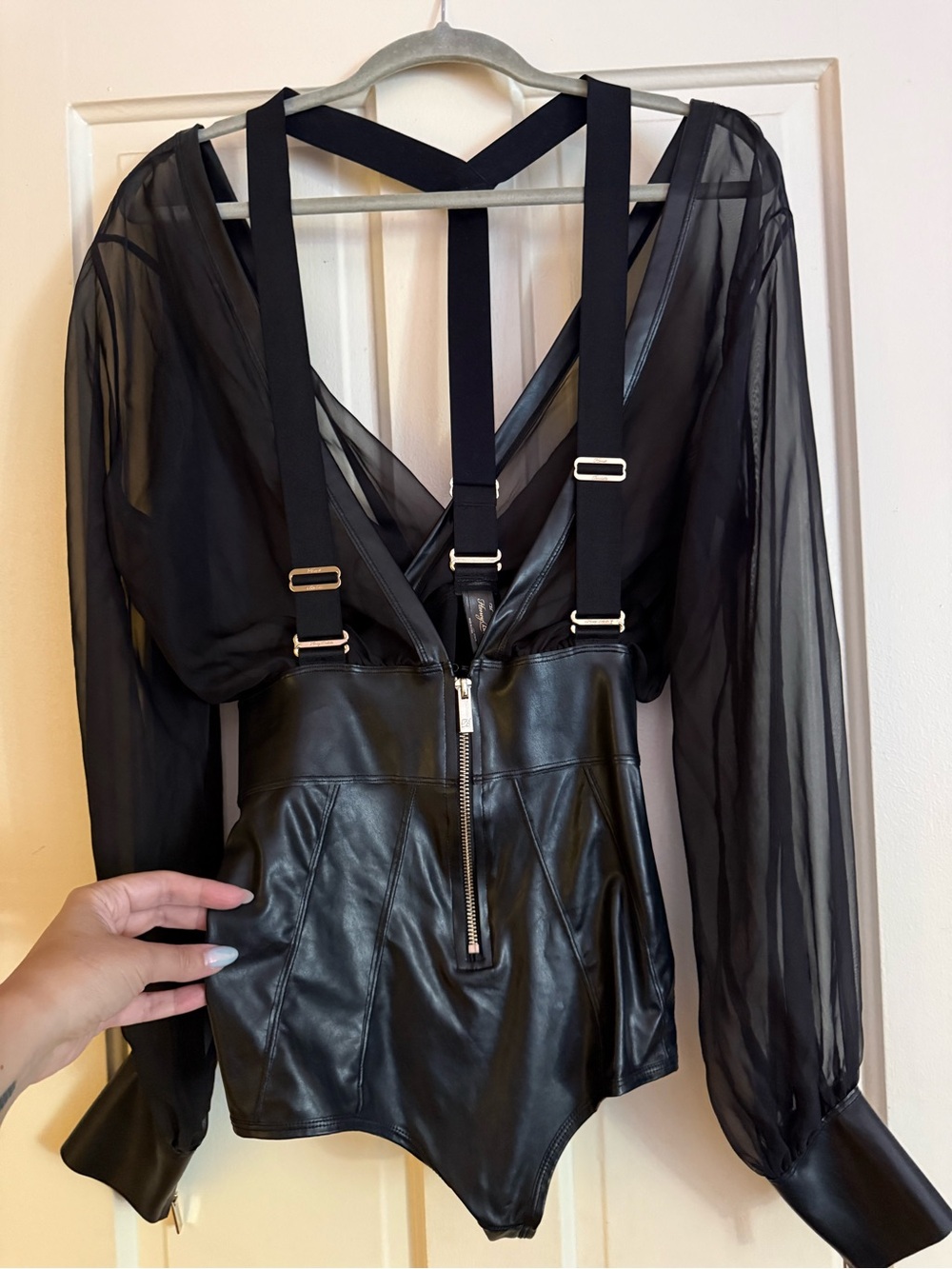 Honey BirdetteBlack Sheer Long-Sleeve Bodysuit with Faux Leather hot pants